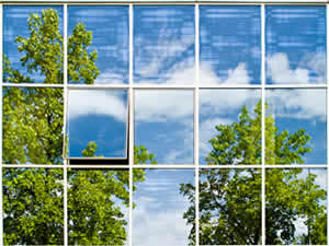 Photo of trees and sky reflected on building
